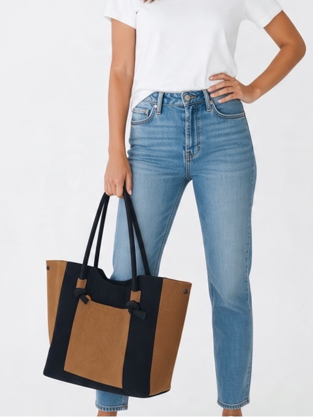 m0851 Montreal Genuine Suede & Leather Colorblock Tote Bag Tan Navy